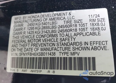 2025 Honda Passport Awd Trailsport from USA, damaged, VIN 5FNYF8H6XSB011438